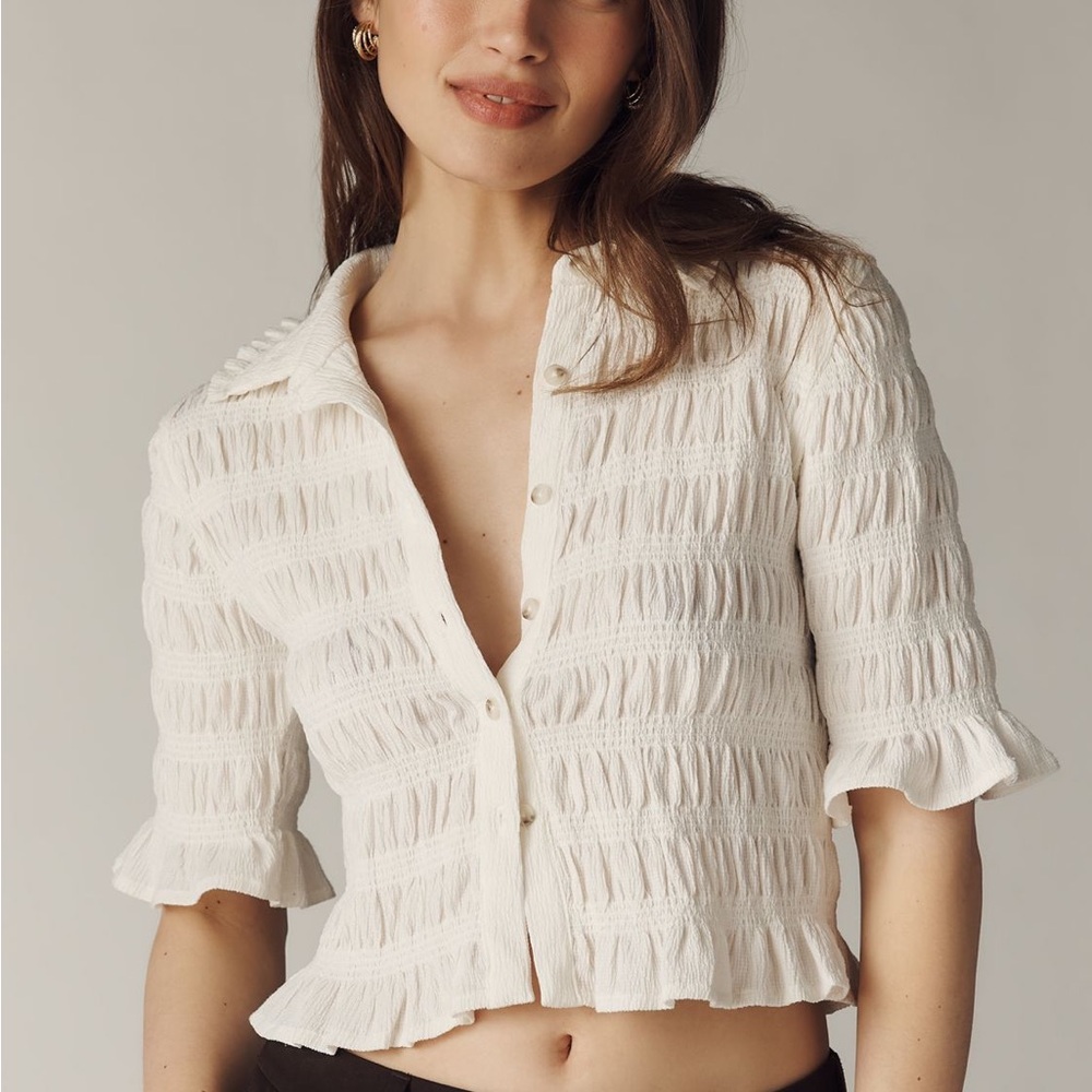 Anthropologie Maeve Cream Smocked Ruffle Hem Button-Dow